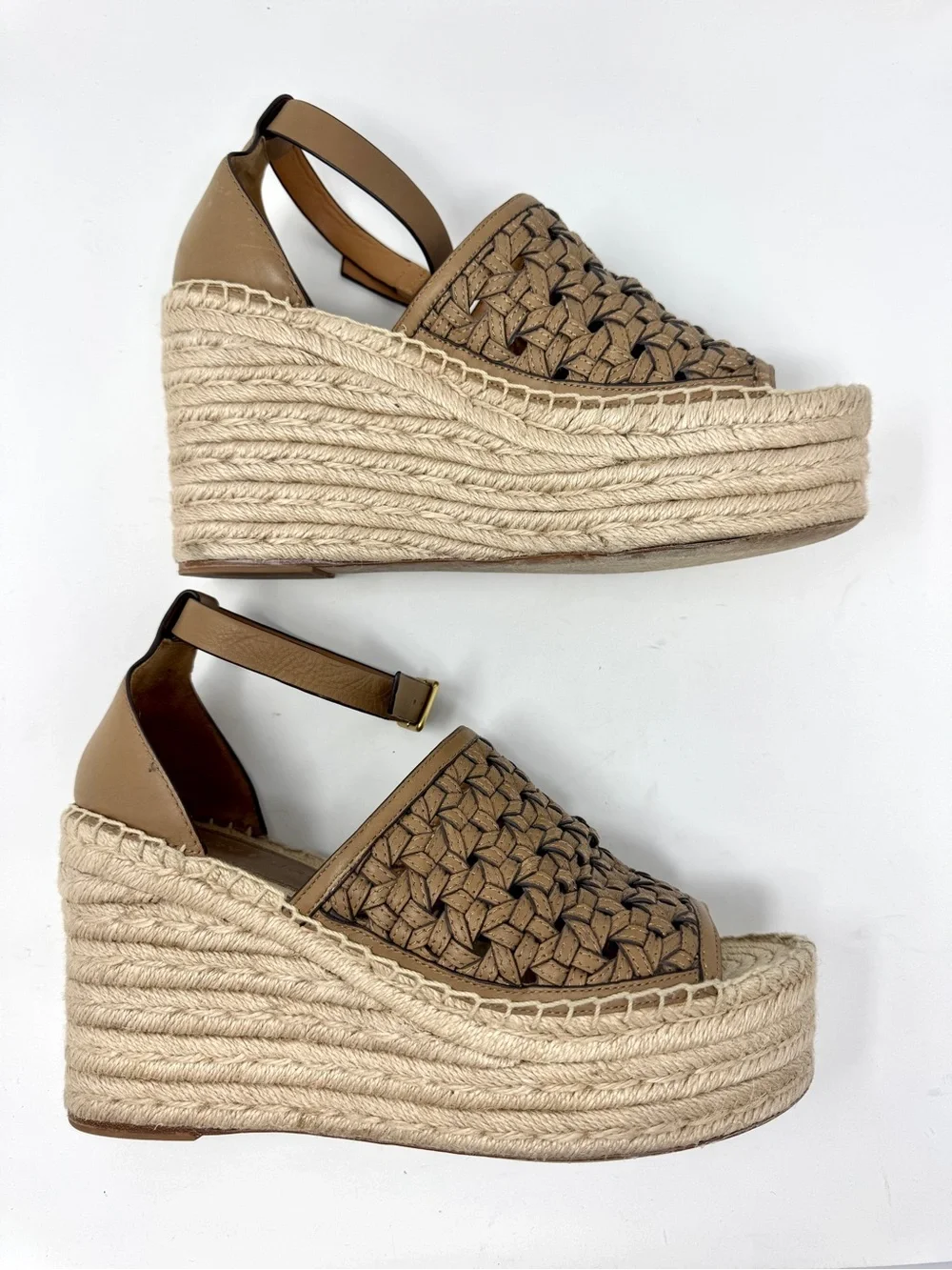 Tory Burch Almond Basketweave Leather Espadrille Wedge Sandals Ankle Strap 9.5